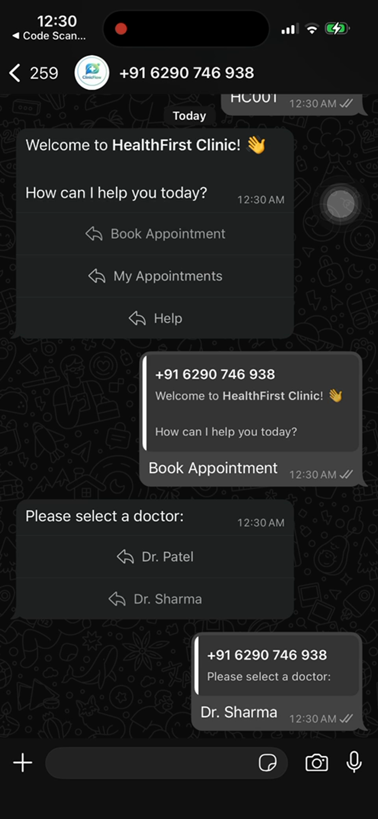 WhatsApp booking conversation screenshot
